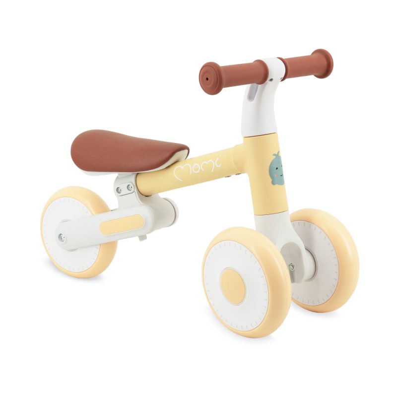 Geniş açıdan, momi marka, dex model, sarı, pedalsız, önde iki, arkada bir tekerlekli, katlanabilen, 1 yaş üstü çocuk için denge bisikleti